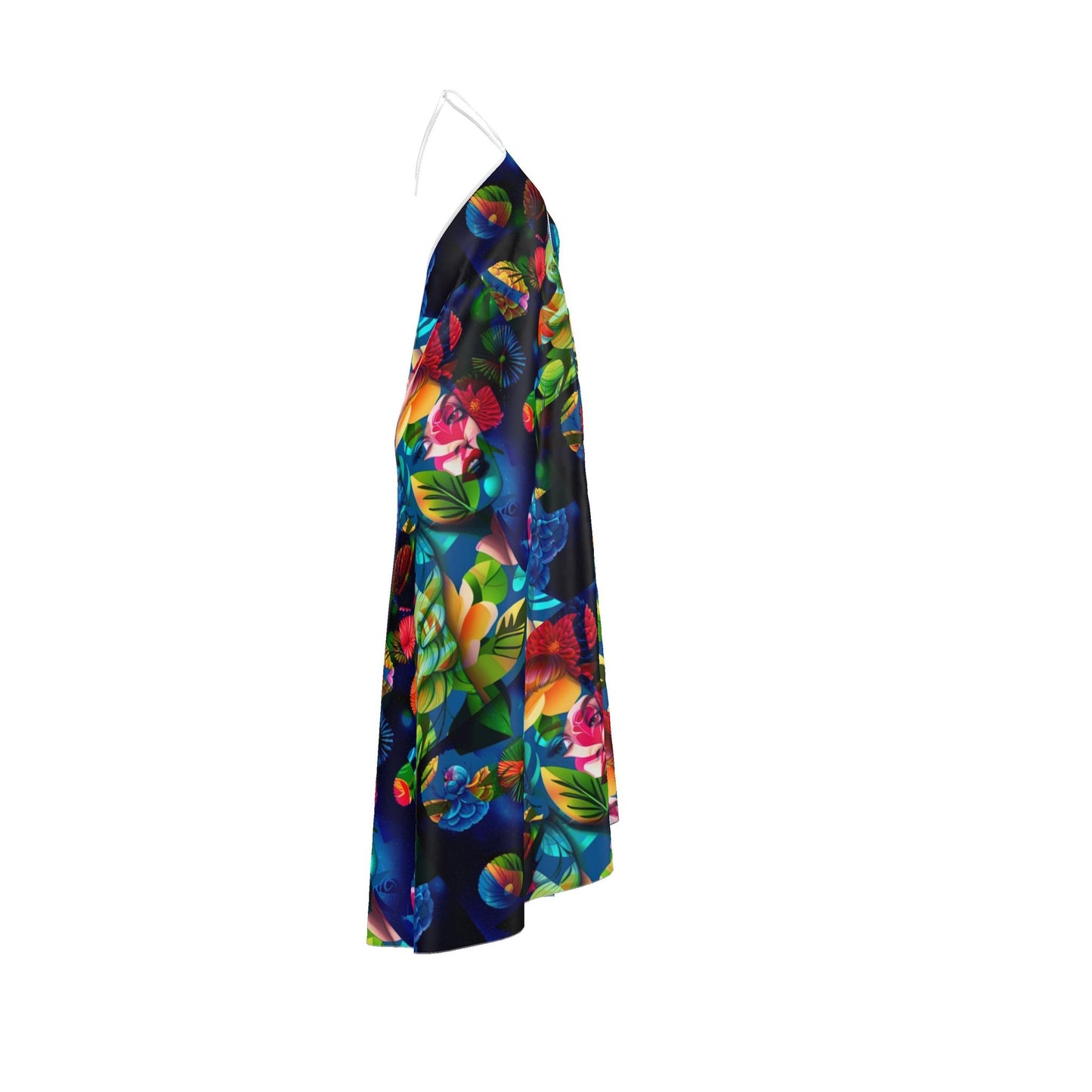 Vibrant Tropical Floral Halter Maxi Dress – Flowy Open-Back Vacation