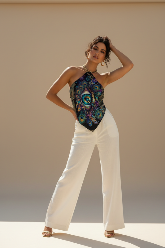 Psychedelic Eye Halter Top, Boho Festival Crop, Artistic Summer Wear