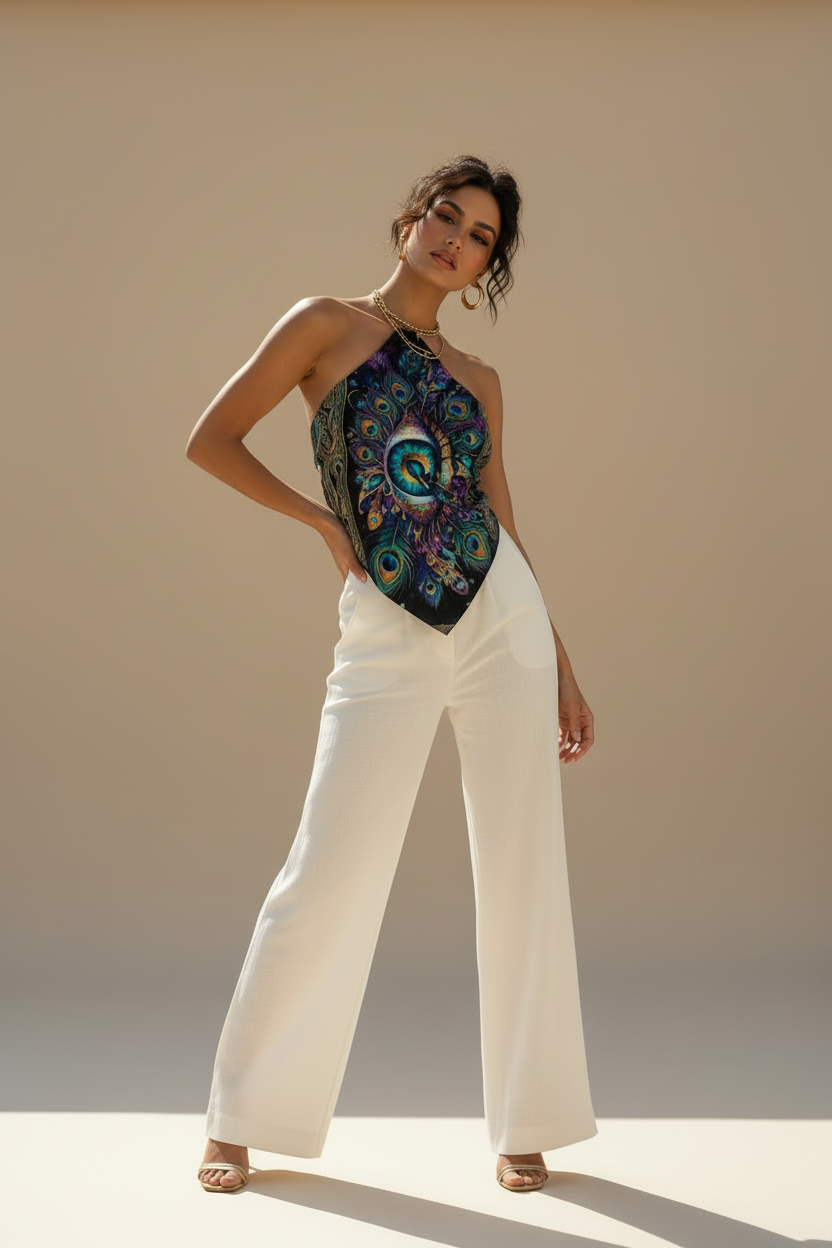 Psychedelic Eye Halter Top, Boho Festival Crop, Artistic Summer Wear