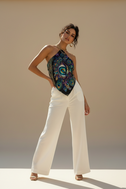 Psychedelic Eye Halter Top, Boho Festival Crop, Artistic Summer Wear