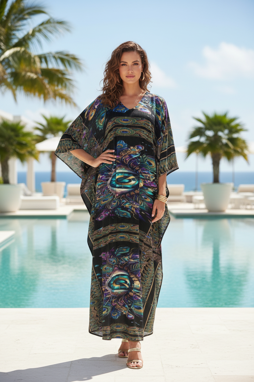 Psychedelic Eye Kaftan, Boho Beach Cover-Up, Artistic Festival Kimono