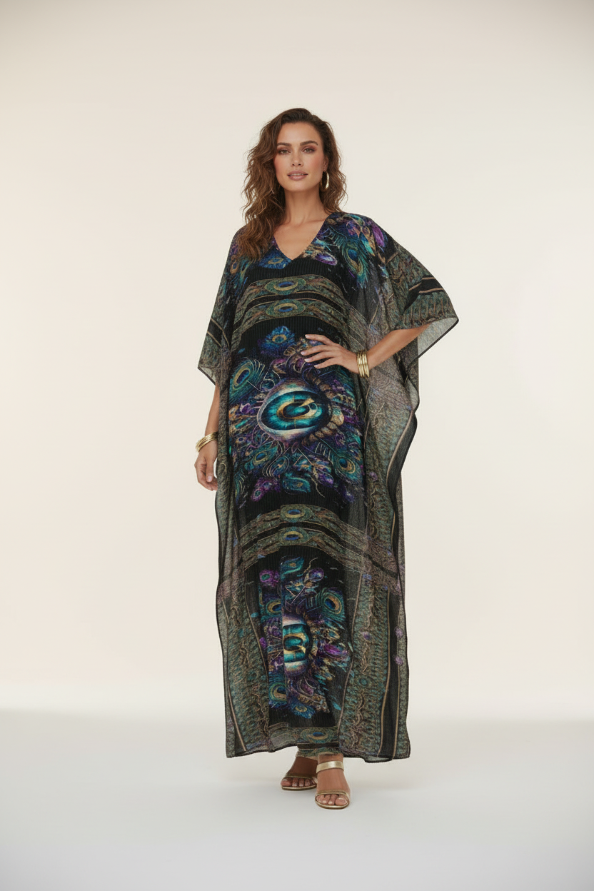 Psychedelic Eye Kaftan, Boho Beach Cover-Up, Artistic Festival Kimono