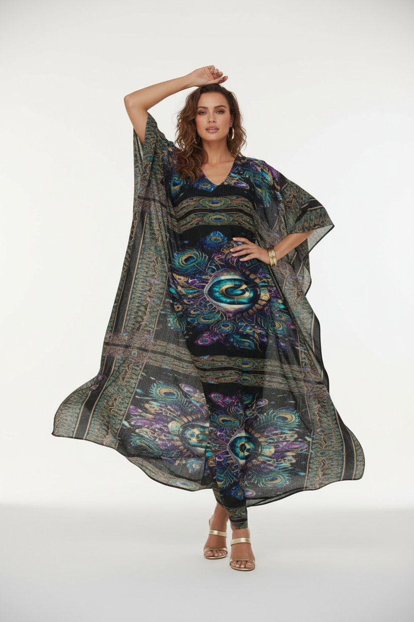 Psychedelic Eye Kaftan, Boho Beach Cover-Up, Artistic Festival Kimono