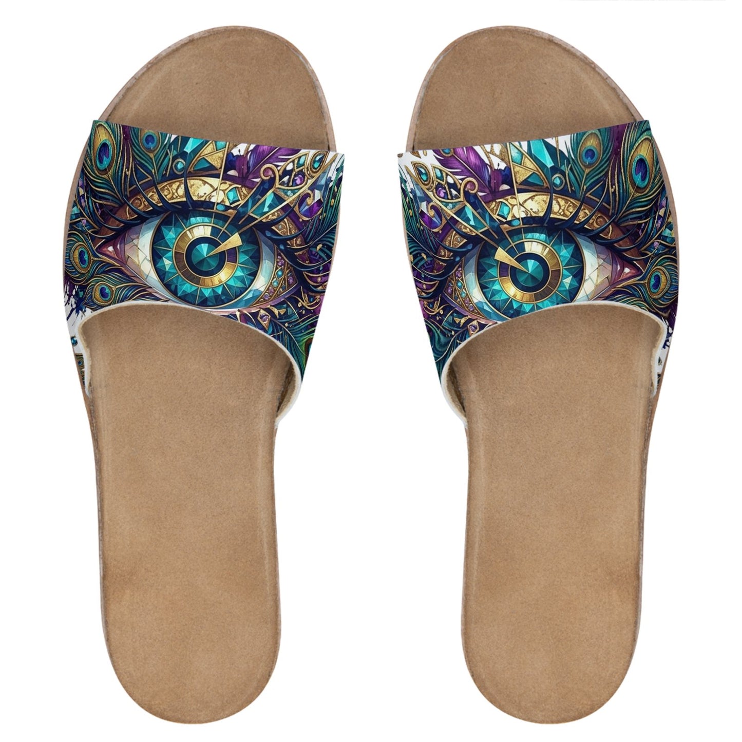 Womens Leather Sliders Boho Leather Slides, Psychedelic Eye Print Sand