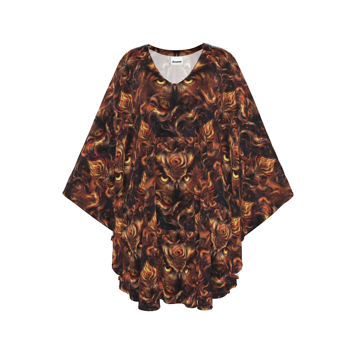 Owl Kaftan, Mystical Bird Print Cover Up, Boho V-Neck Maxi Dress, Fire
