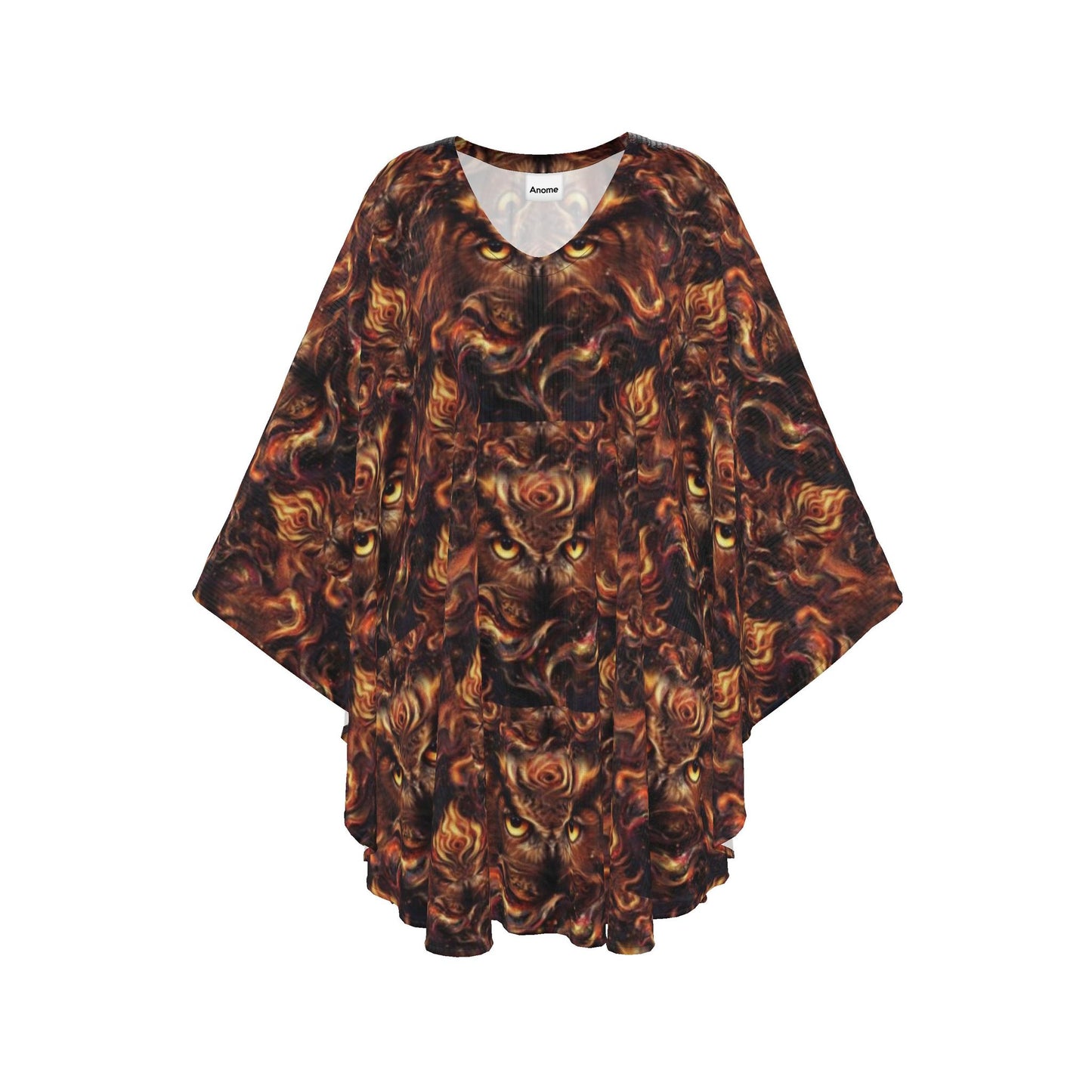 Owl Kaftan, Mystical Bird Print Cover Up, Boho V-Neck Maxi Dress, Fire