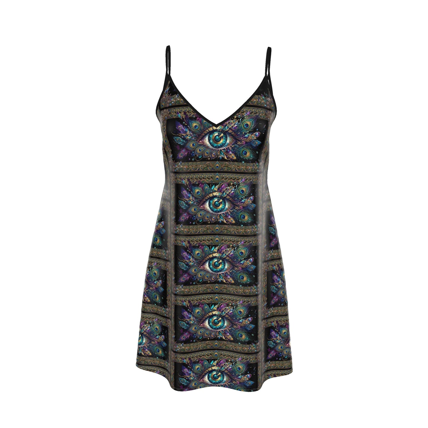 Mystic Eye Slip Dress | Boho Midi Dress | Celestial Peacock Print