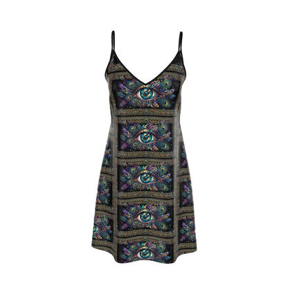 Mystic Eye Slip Dress | Boho Midi Dress | Celestial Peacock Print