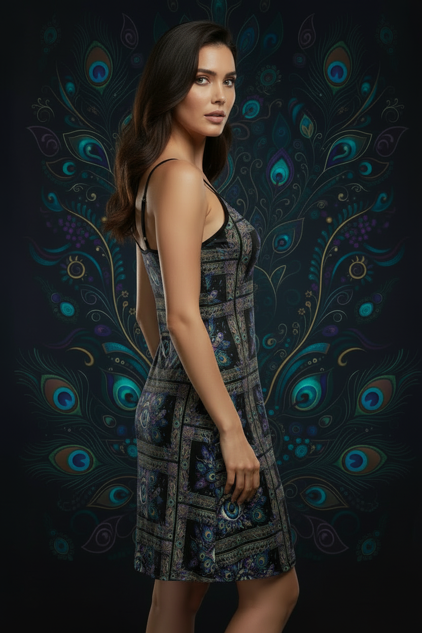 Mystic Eye Slip Dress | Boho Midi Dress | Celestial Peacock Print