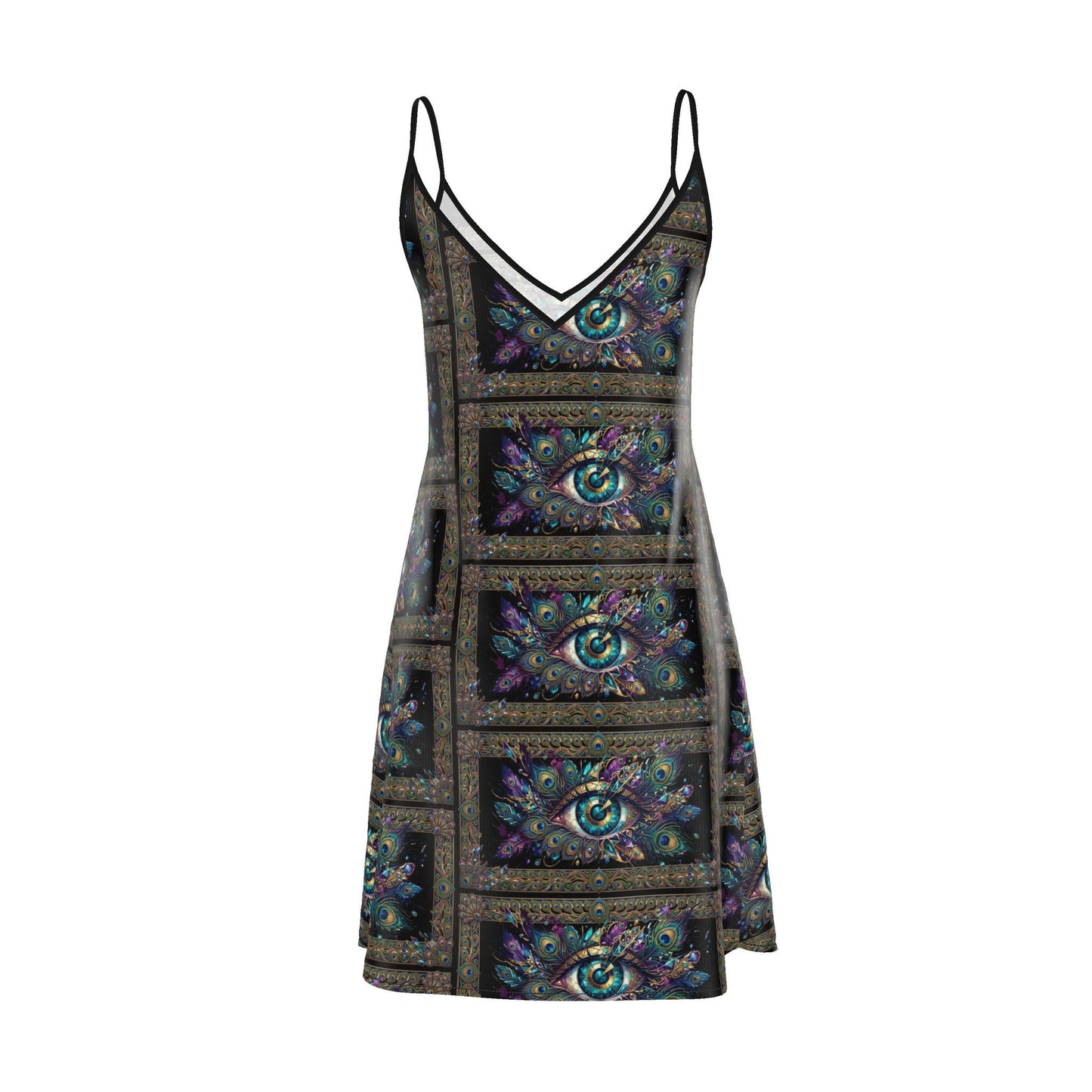 Mystic Eye Slip Dress | Boho Midi Dress | Celestial Peacock Print
