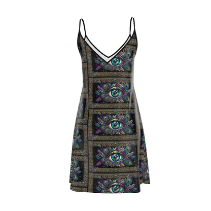 Mystic Eye Slip Dress | Boho Midi Dress | Celestial Peacock Print