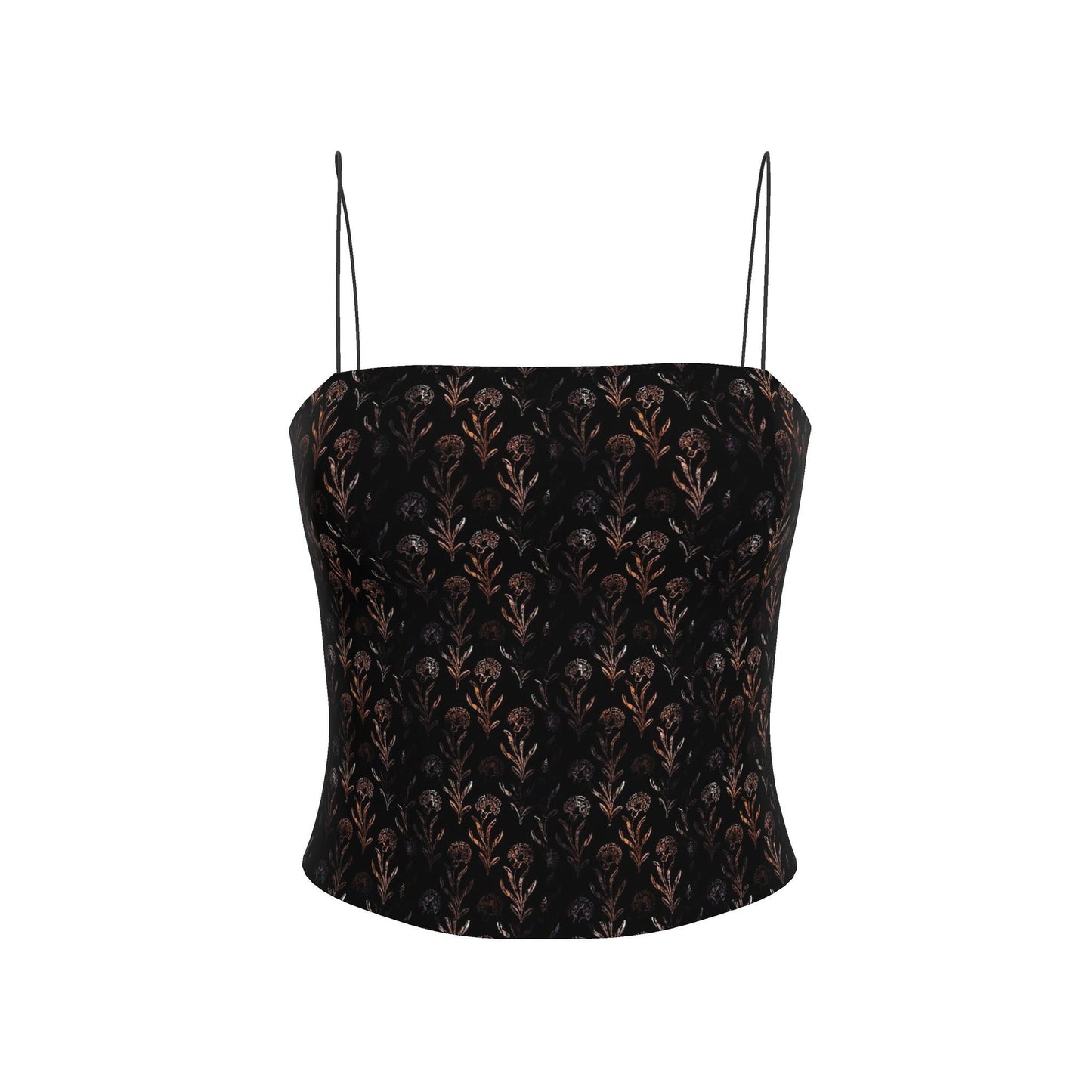 Black Cami Top with Bronze Floral Print, Spaghetti Strap Crop Top