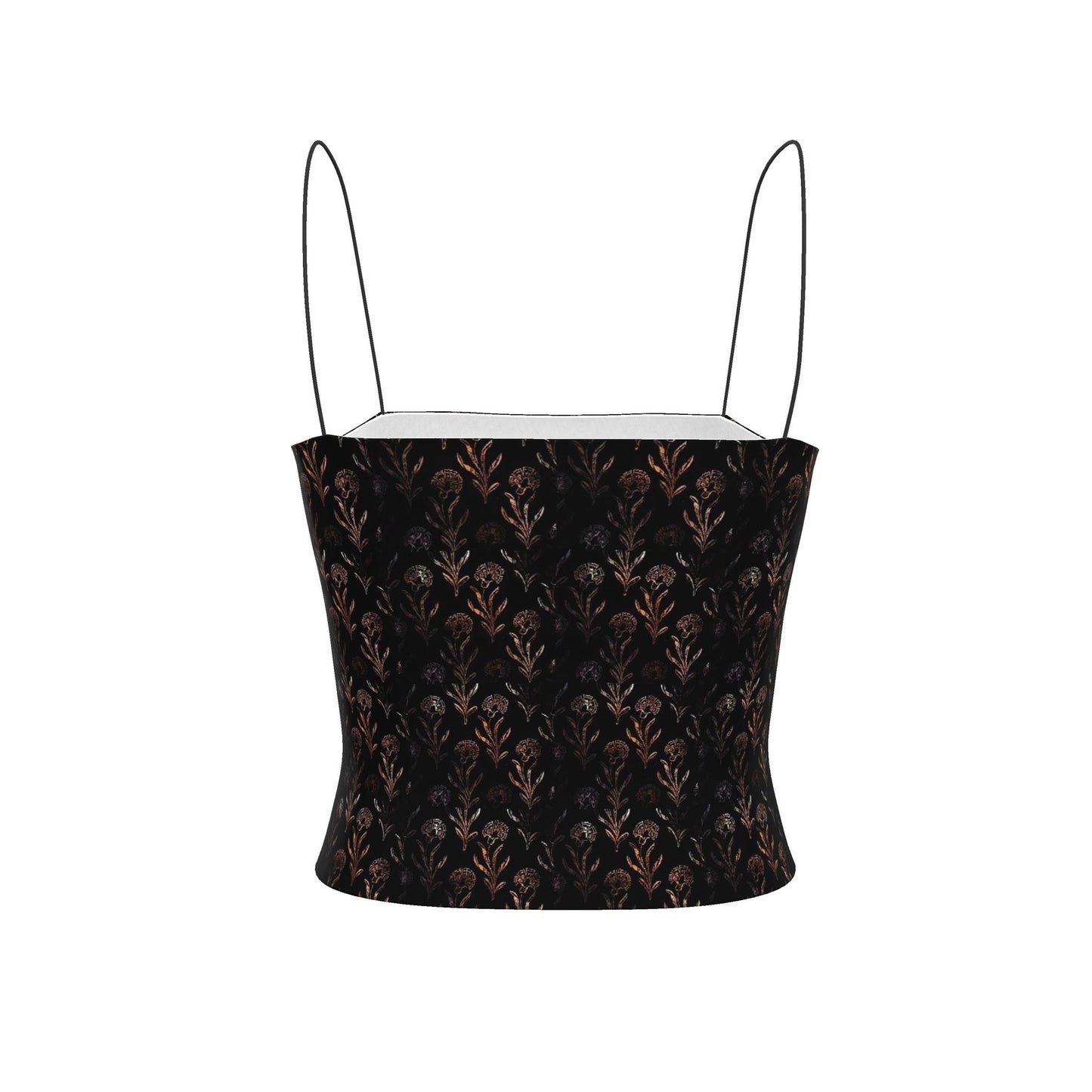 Black Cami Top with Bronze Floral Print, Spaghetti Strap Crop Top
