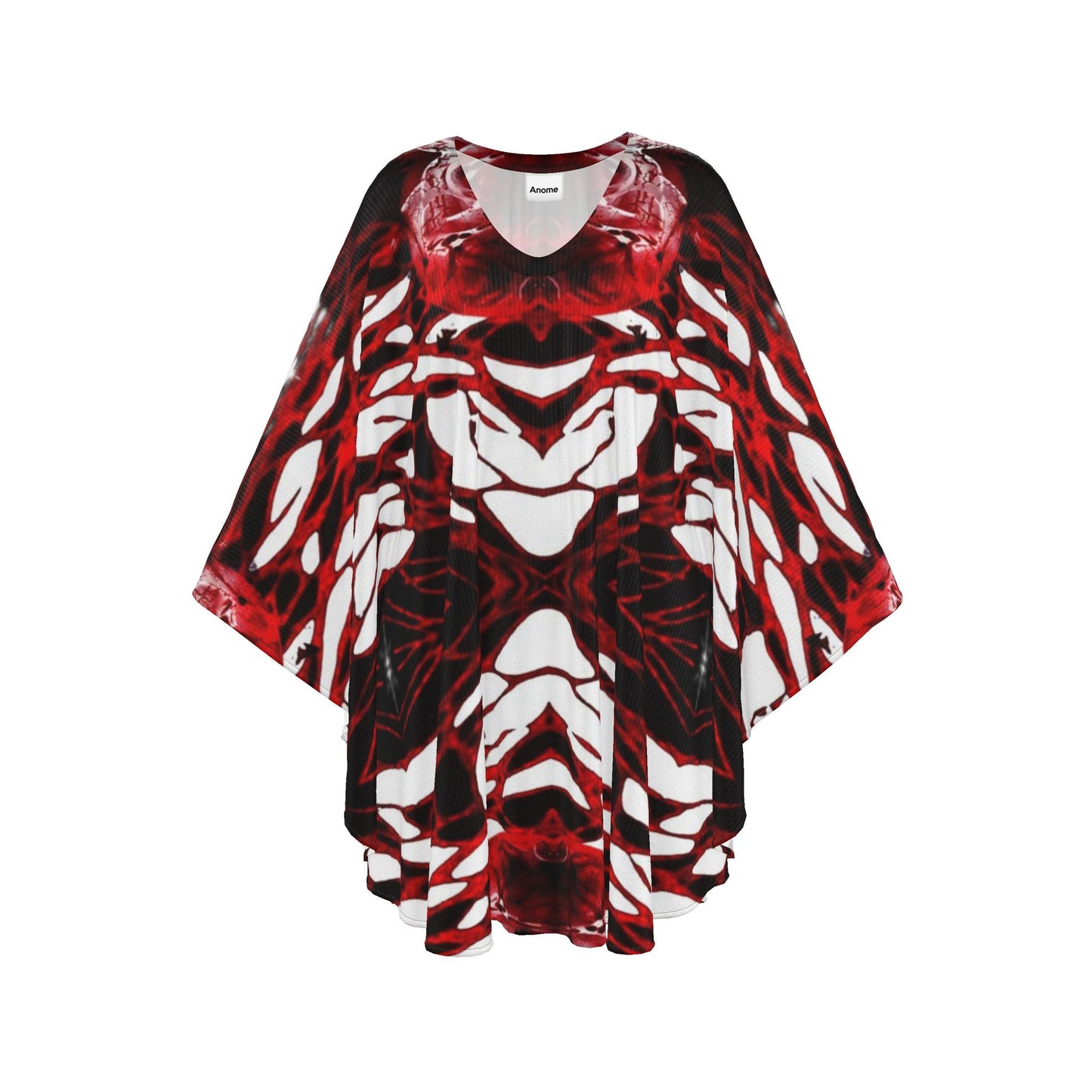 Red and Black Kaftan Dress, Abstract Print Boho Poncho, V-Neck Resort
