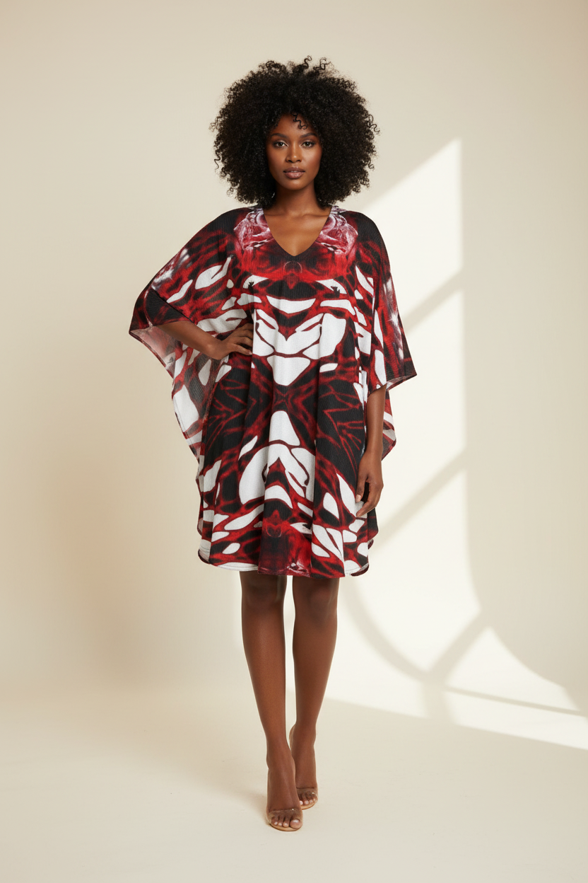 Red and Black Kaftan Dress, Abstract Print Boho Poncho, V-Neck Resort