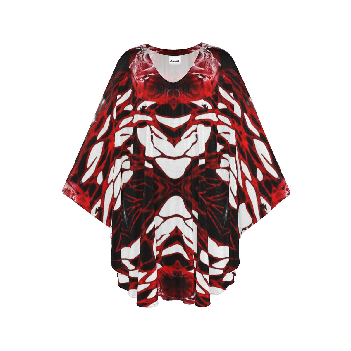 Red and Black Kaftan Dress, Abstract Print Boho Poncho, V-Neck Resort