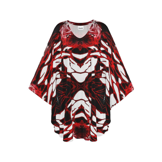 Red and Black Kaftan Dress, Abstract Print Boho Poncho, V-Neck Resort