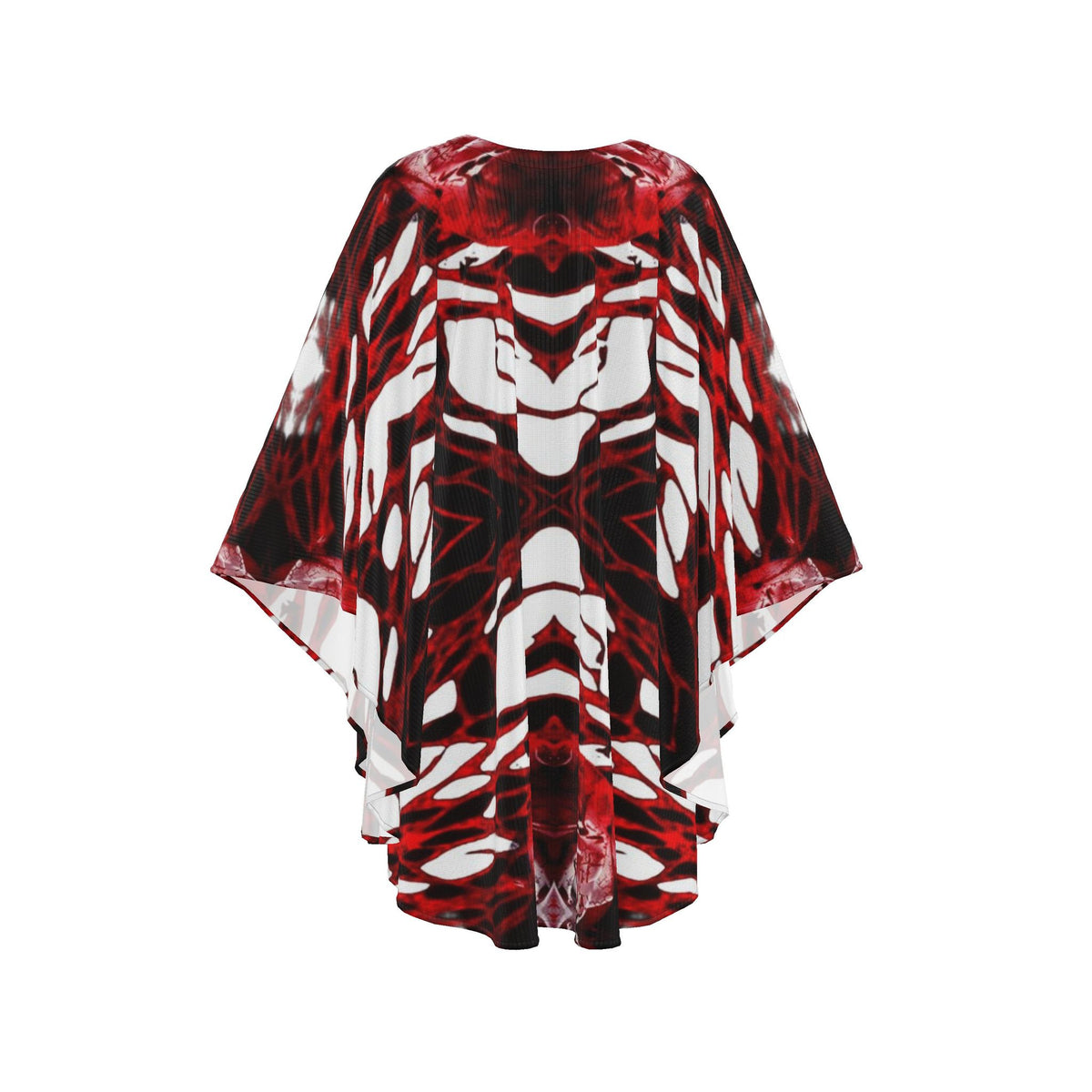 Red and Black Kaftan Dress, Abstract Print Boho Poncho, V-Neck Resort