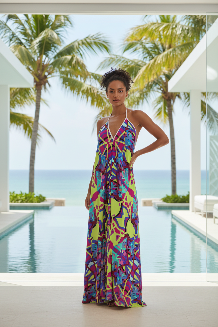 Colorful Halterneck Backless Maxi Dress | Neon Abstract Print Summer