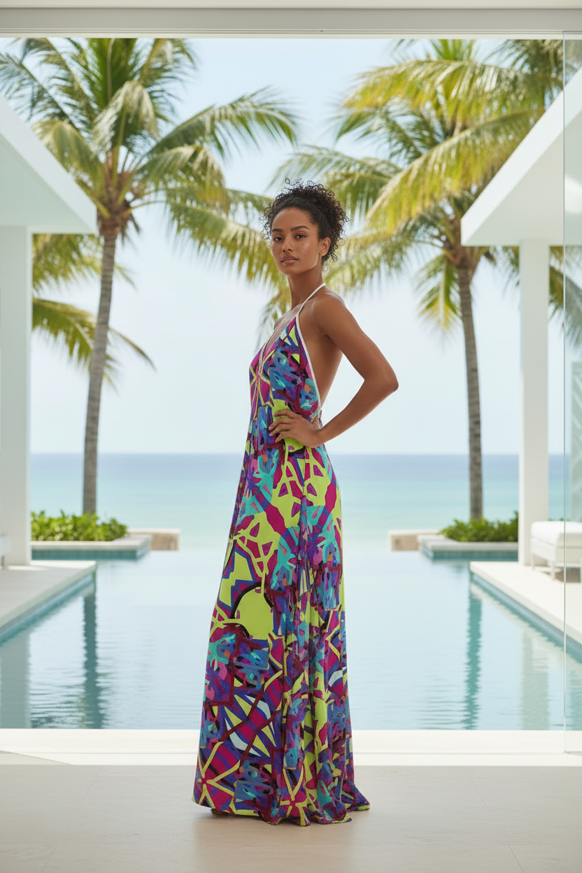 Colorful Halterneck Backless Maxi Dress | Neon Abstract Print Summer