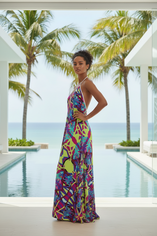 Colorful Halterneck Backless Maxi Dress | Neon Abstract Print Summer