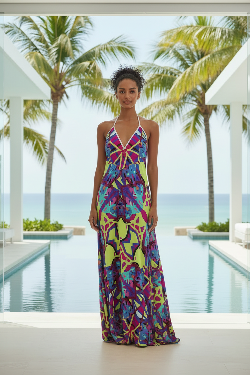 Colorful Halterneck Backless Maxi Dress | Neon Abstract Print Summer