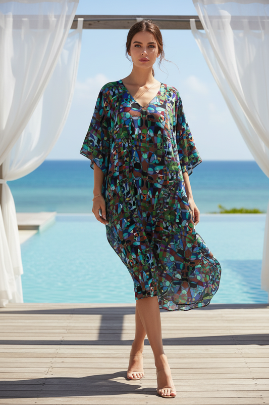 Abstract Print Georgette Kaftan Dress, Boho Chic Flowy Resort Wear