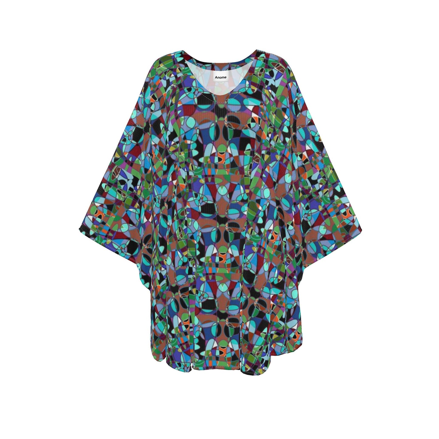 Abstract Print Georgette Kaftan Dress, Boho Chic Flowy Resort Wear
