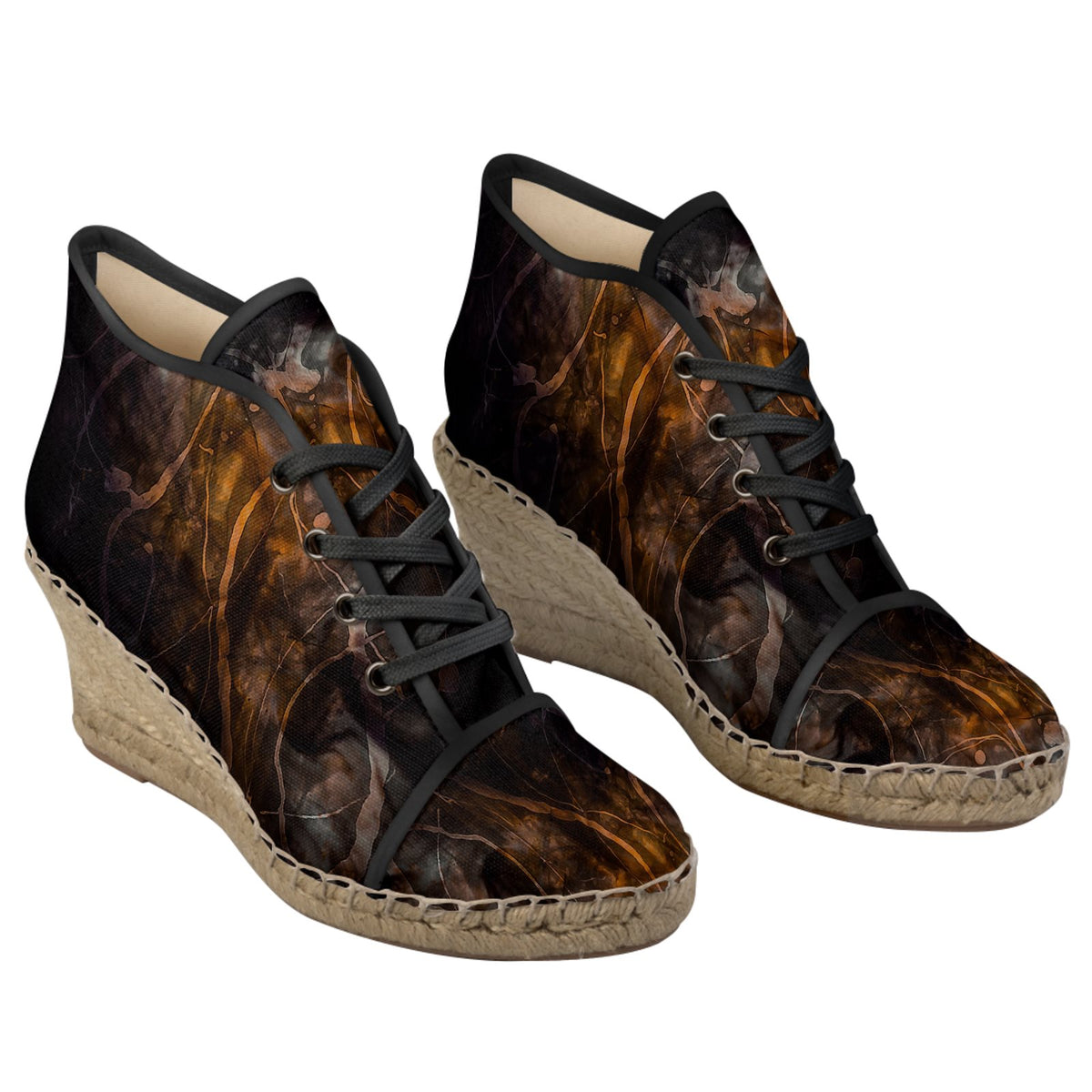 Dark Fiery Abstract Print Wedge Espadrilles | Lace-Up High Top