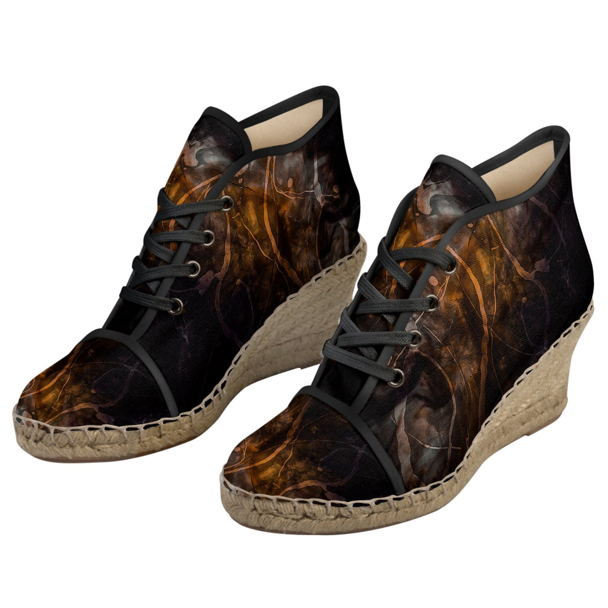 Dark Fiery Abstract Print Wedge Espadrilles | Lace-Up High Top