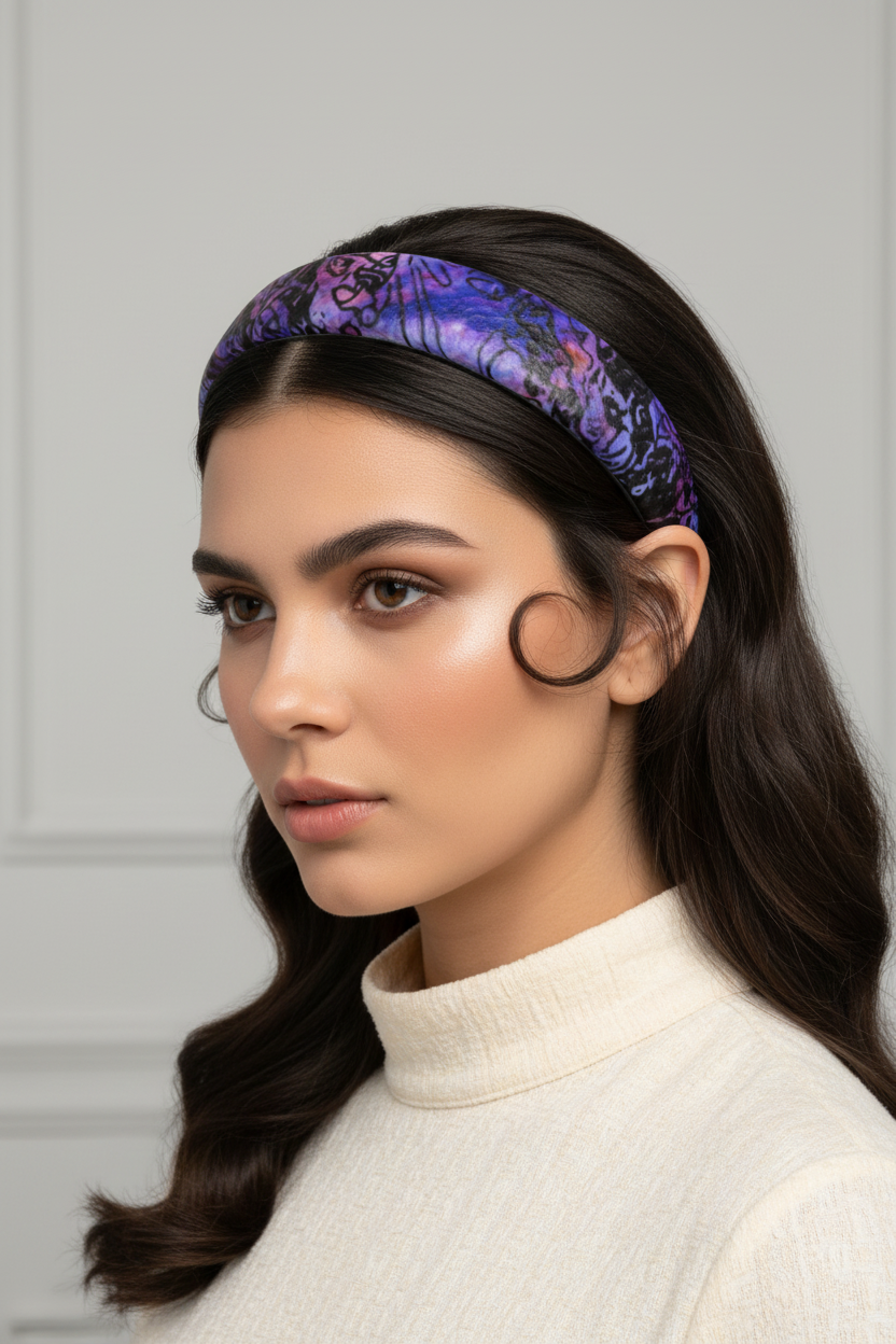 Leather Headband, Purple and Black Printed Hair Band, Padded Hair Accessory, Abstract Design Hair Hoop, Gift for Women