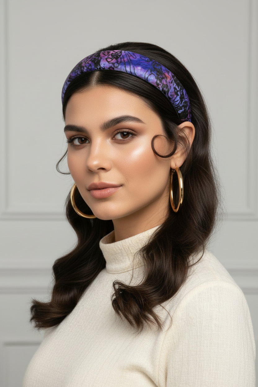 Leather Headband, Purple and Black Printed Hair Band, Padded Hair Accessory, Abstract Design Hair Hoop, Gift for Women