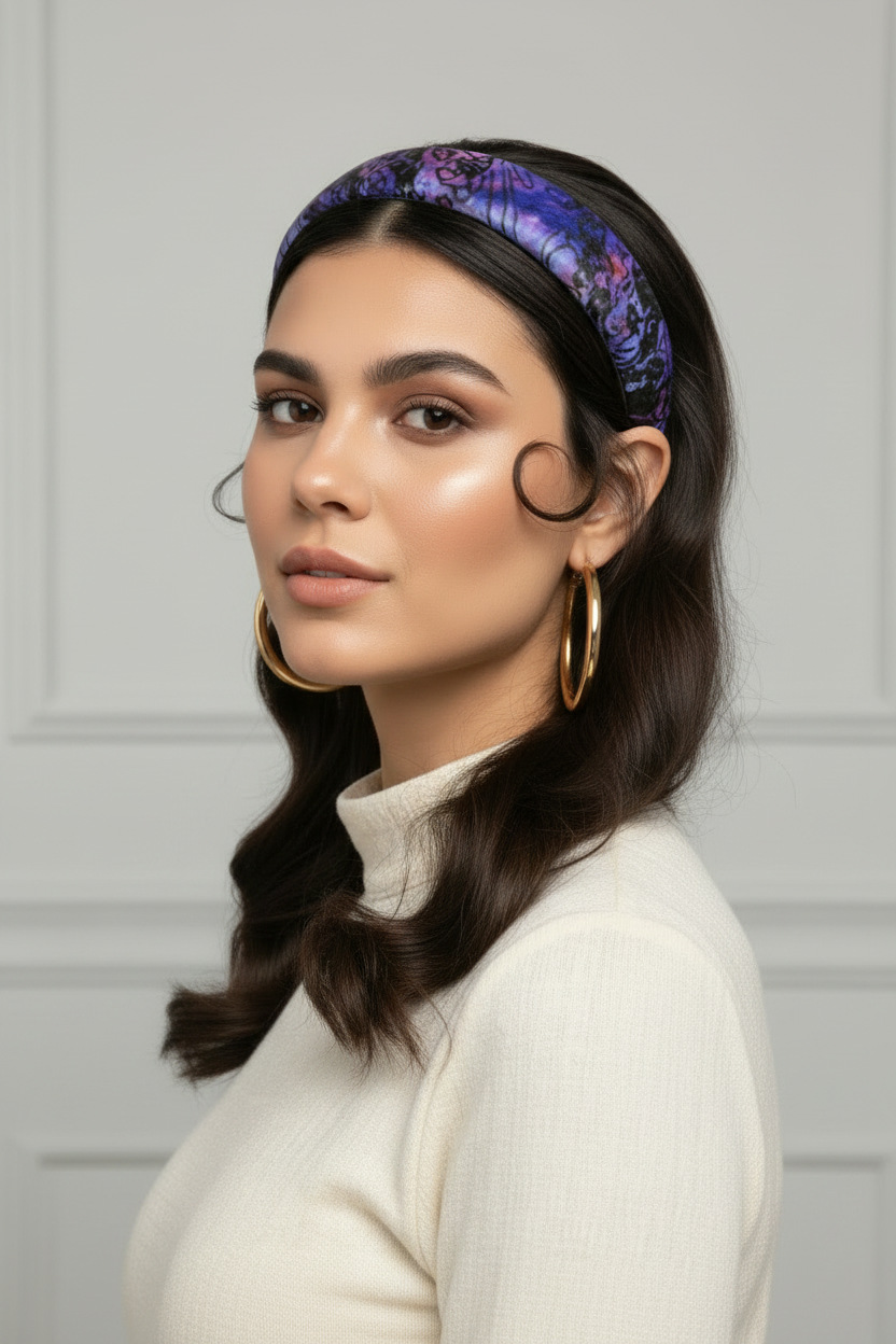 Leather Headband, Purple and Black Printed Hair Band, Padded Hair Accessory, Abstract Design Hair Hoop, Gift for Women