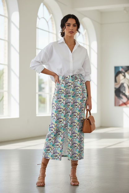 Abstract Print Long Skirt, Colourful Graphic Maxi Skirt, High Waist Split Skirt, Modern Streetwear Fashion