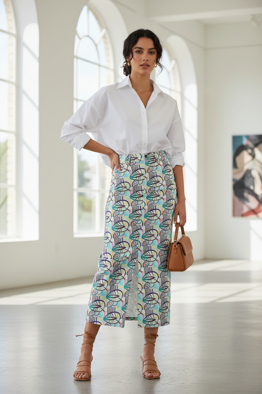 Abstract Print Long Skirt, Colourful Graphic Maxi Skirt, High Waist Split Skirt, Modern Streetwear Fashion