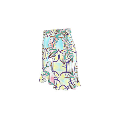 Abstract Print Wrap Mini Skirt, Colorful Ruffle Mini Skirt, Short Summer Beach Wrap Skirt, Cute Festival Clothing