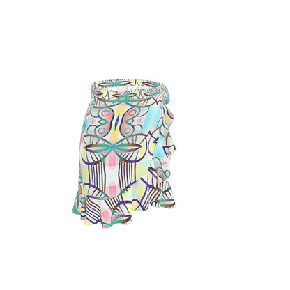 Abstract Print Wrap Mini Skirt, Colorful Ruffle Mini Skirt, Short Summer Beach Wrap Skirt, Cute Festival Clothing