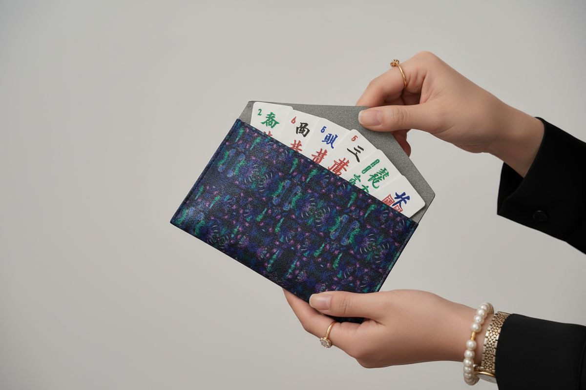 Mahjong Card Holder – Slim Leatherette Pouch with Abstract Pattern