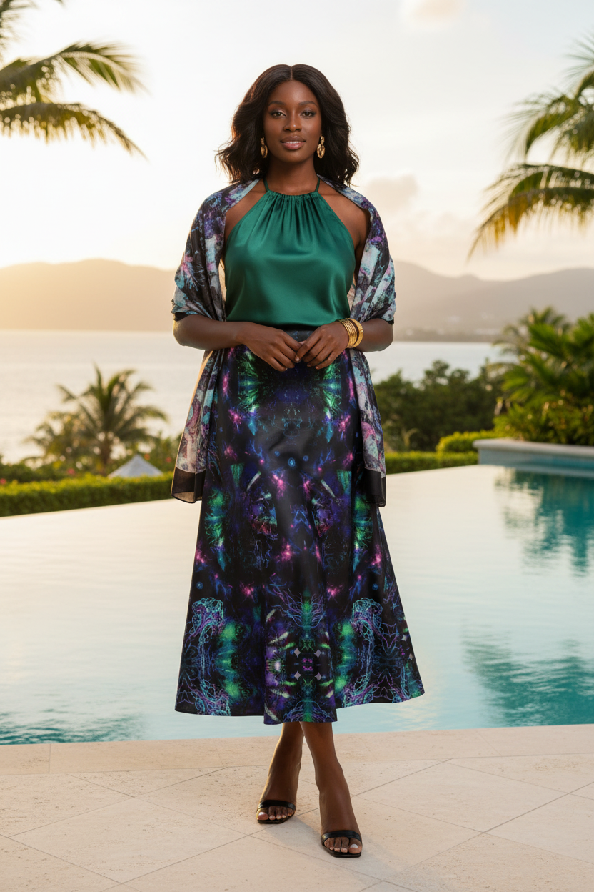 Ethereal Kaleidoscope Satin High-Waisted Midi Skirt
