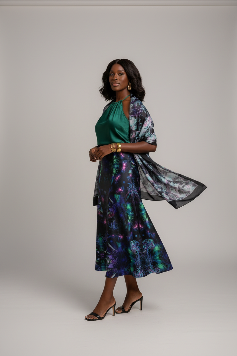 Ethereal Kaleidoscope Satin High-Waisted Midi Skirt