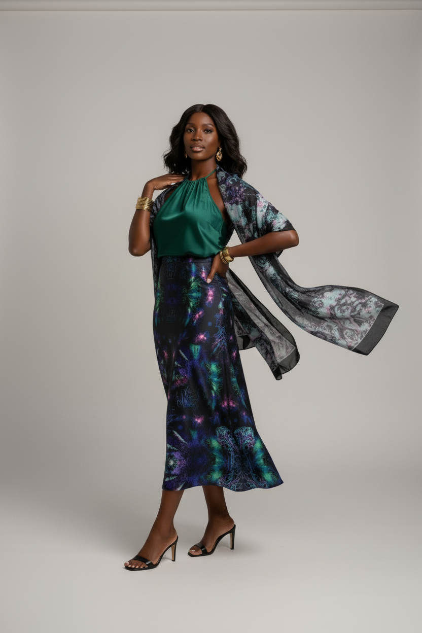 Ethereal Kaleidoscope Satin High-Waisted Midi Skirt