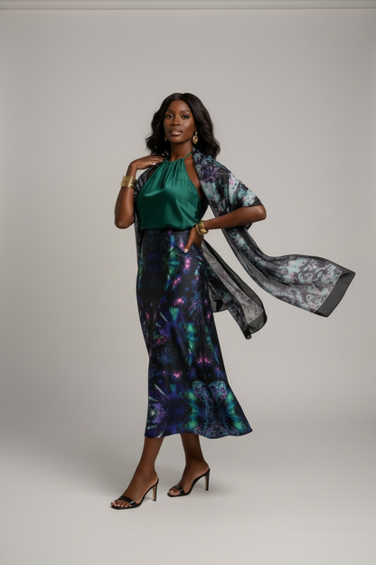 Ethereal Kaleidoscope Satin High-Waisted Midi Skirt