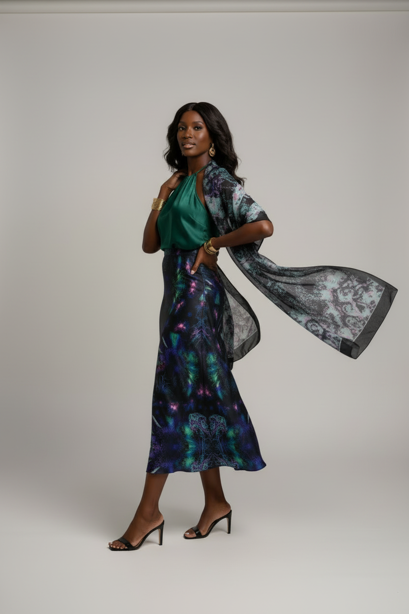 Ethereal Kaleidoscope Satin High-Waisted Midi Skirt