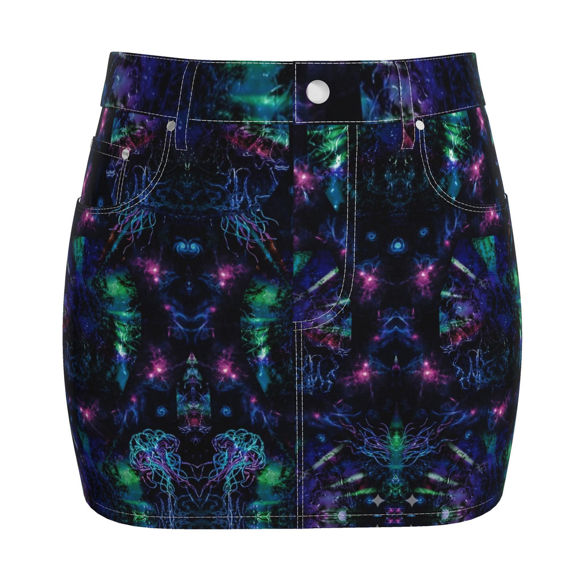 Neon Galaxy Abstract Print High-Waisted Denim Mini Skirt