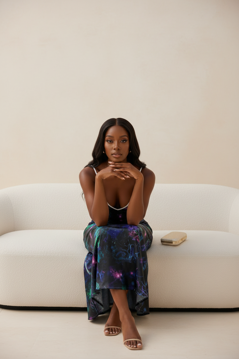 Cosmic Nebula V-Neck Maxi Slip Dress