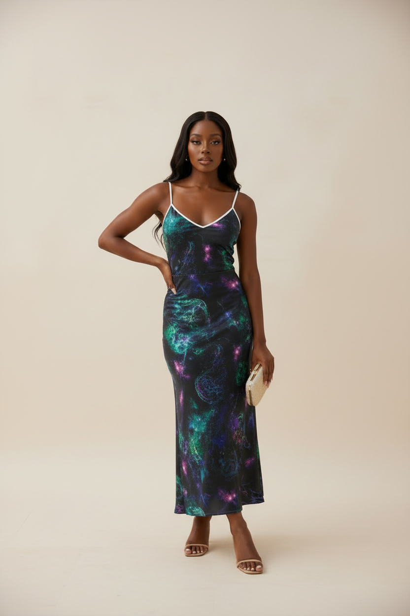Cosmic Nebula V-Neck Maxi Slip Dress
