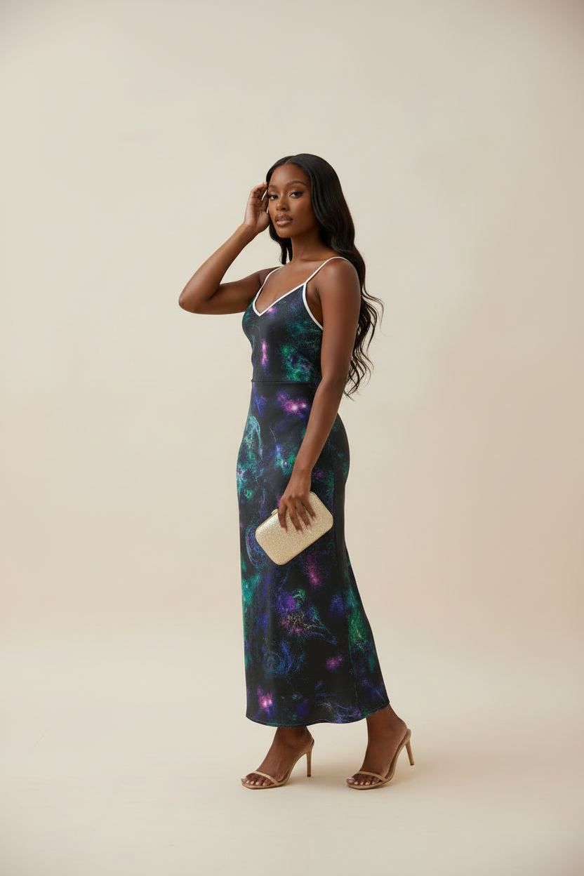 Cosmic Nebula V-Neck Maxi Slip Dress