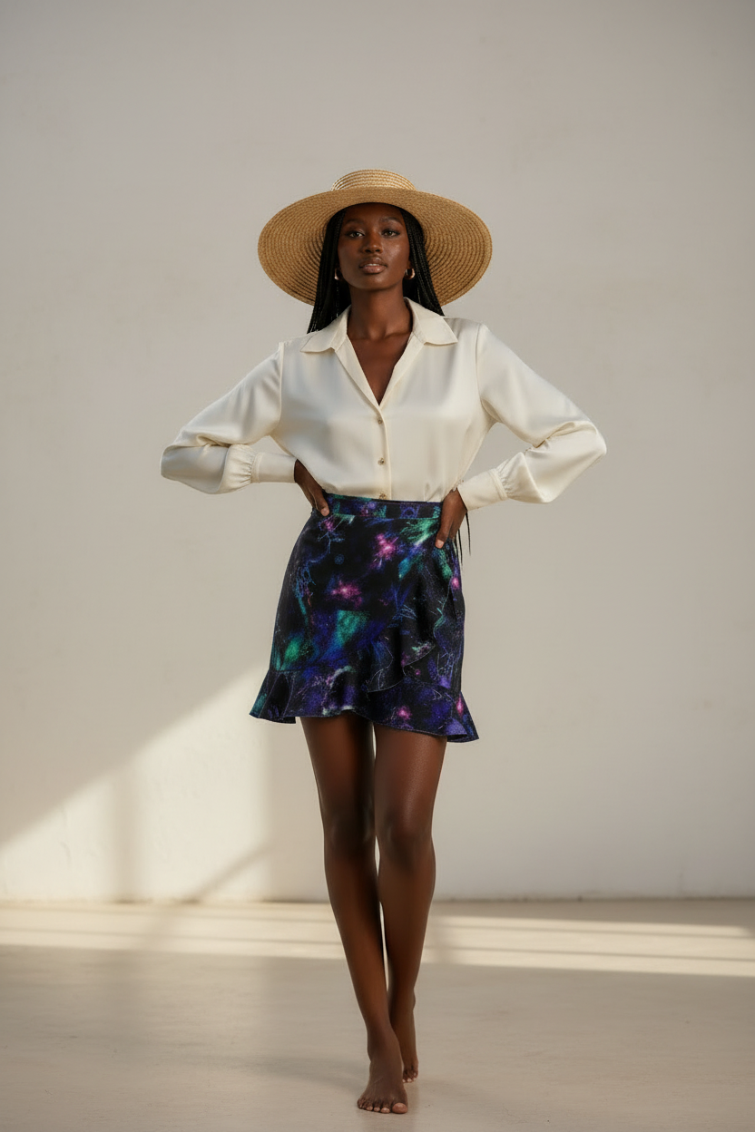 Celestial Nebula Printed Flounce Mini Skirt
