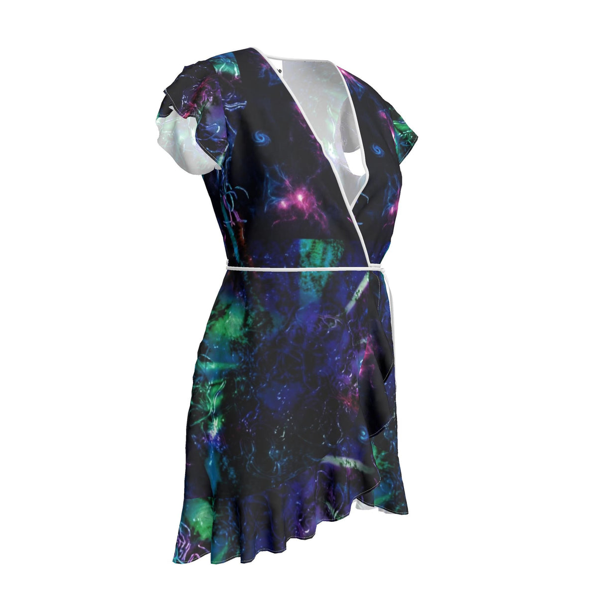 V-Neck Flutter Sleeve Galaxy Print Wrap Tea Dress