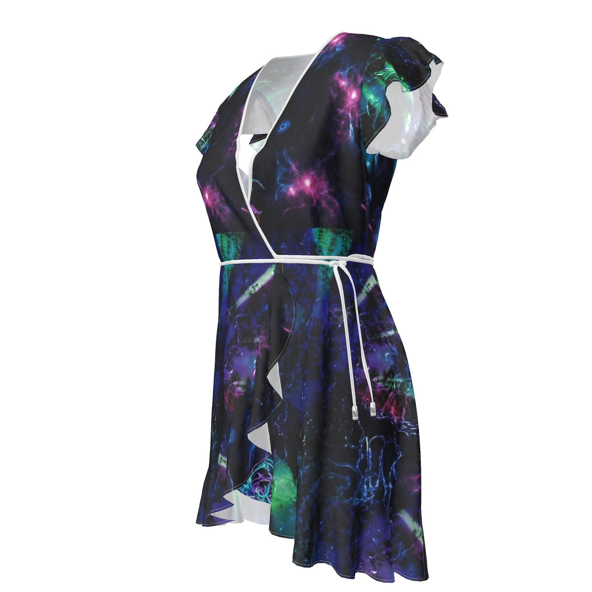 V-Neck Flutter Sleeve Galaxy Print Wrap Tea Dress